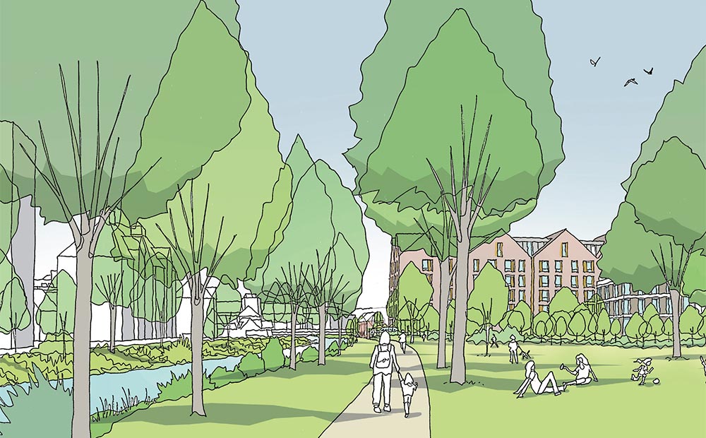 Indicative sketch view from Castle Park, looking west toward the proposed redevelopment