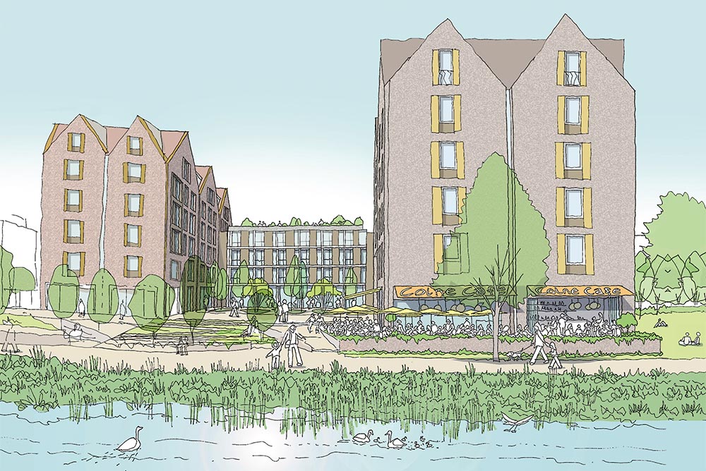 Indicative sketch view from River Colne, looking north toward the proposed redevelopment